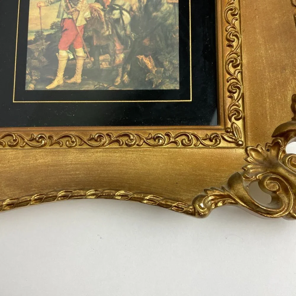 Vintage Painting reproduction Victorian era Men Horse Framed Gold Patina